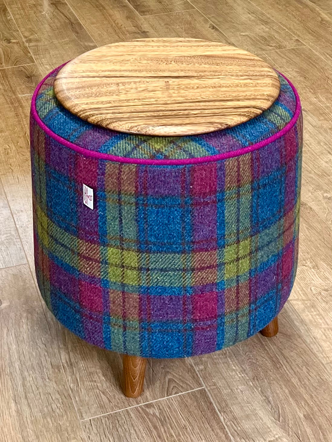 Colourful Tartan Harris Tweed Chunky End Table Footstool with Fuchsia Piping