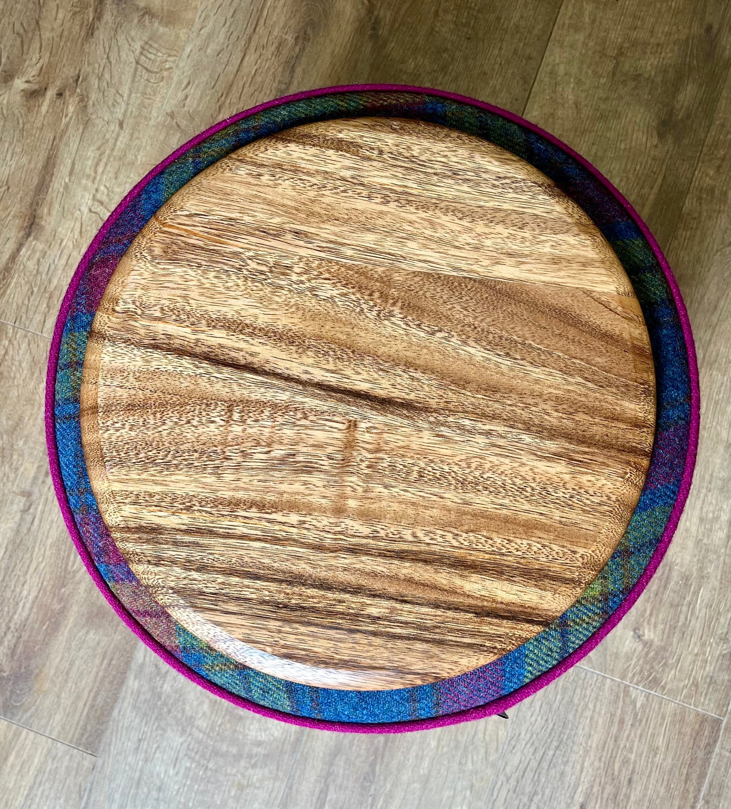 Colourful Tartan Harris Tweed Chunky End Table Footstool with Fuchsia Piping