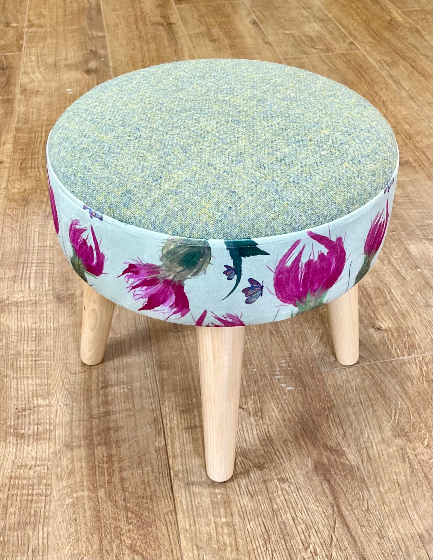 Butterfly Thistles on Duck Egg Velvet and Light Green Harris Tweed