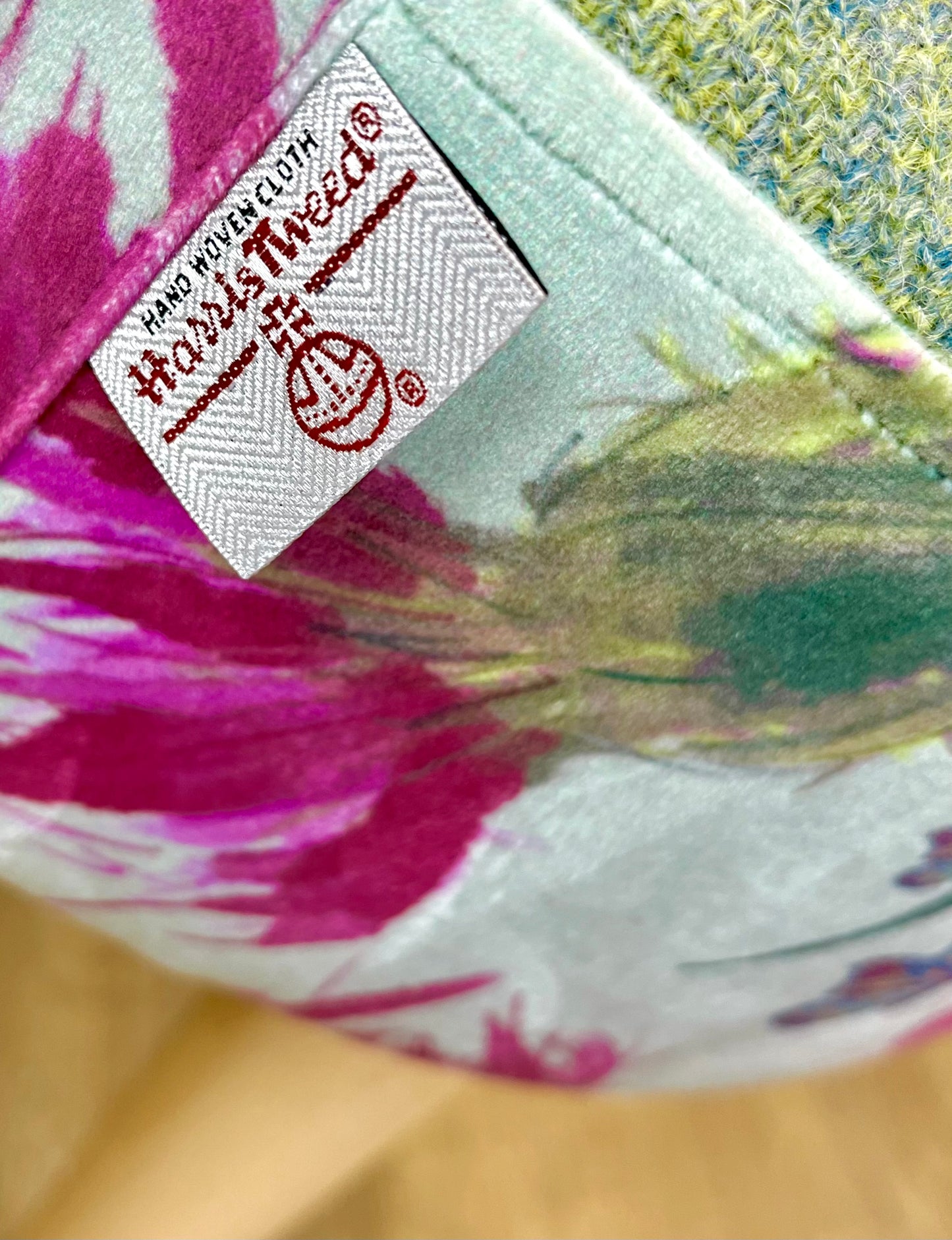 Butterfly Thistles on Duck Egg Velvet and Light Green Harris Tweed