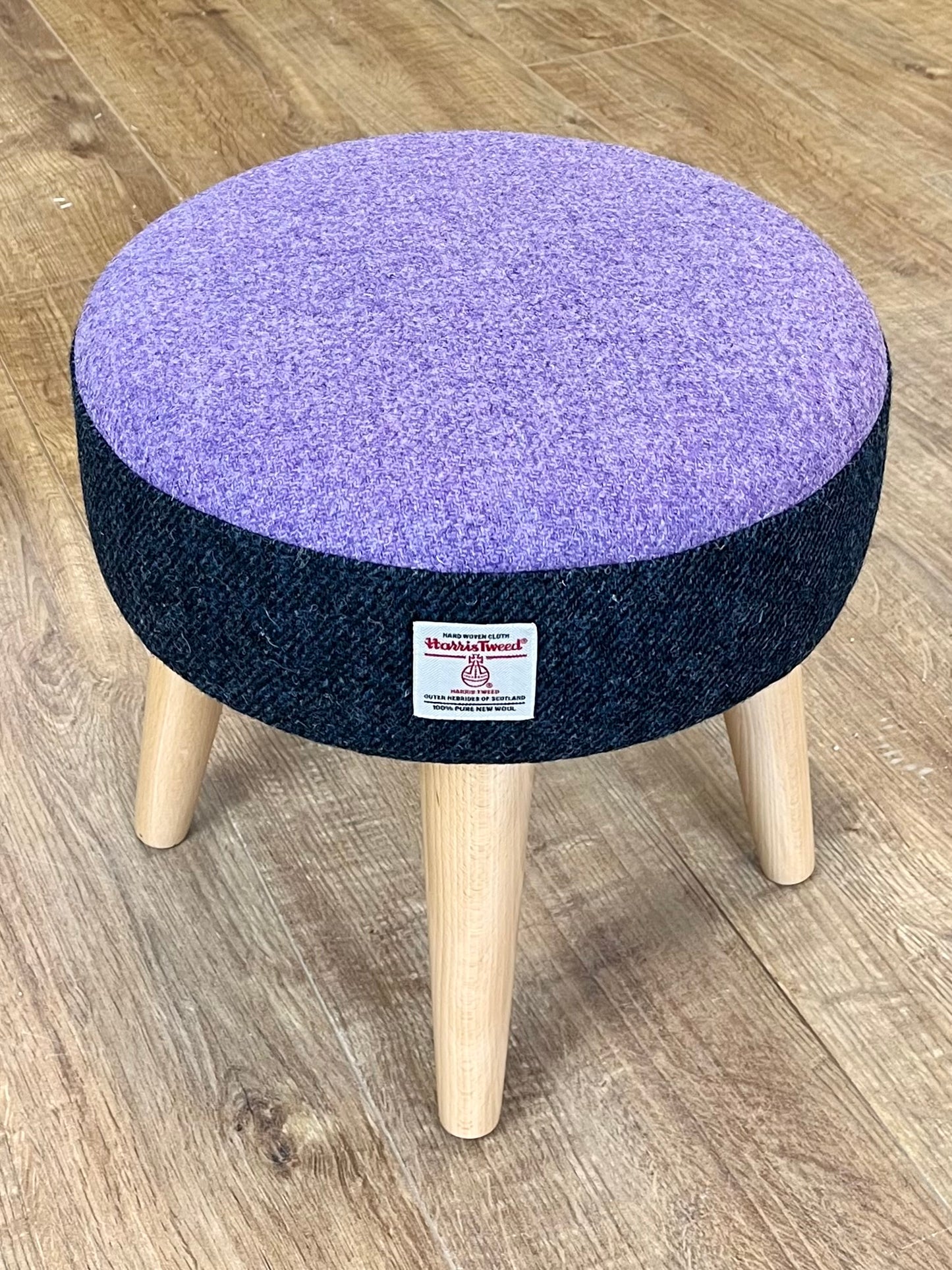 Navy and Lilac Harris Tweed Footstool with Varnished Wooden Legs
