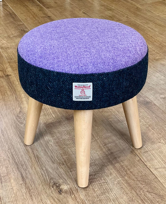 Navy and Lilac Harris Tweed Footstool with Varnished Wooden Legs