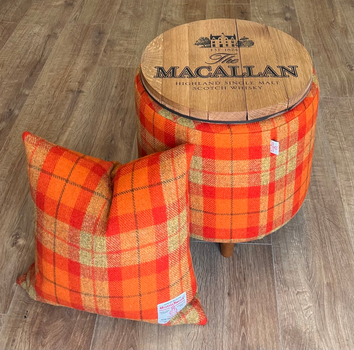 Macallan Oak Whisky Barrel Top Harris Tweed 'Wee Dram' Table Footstool