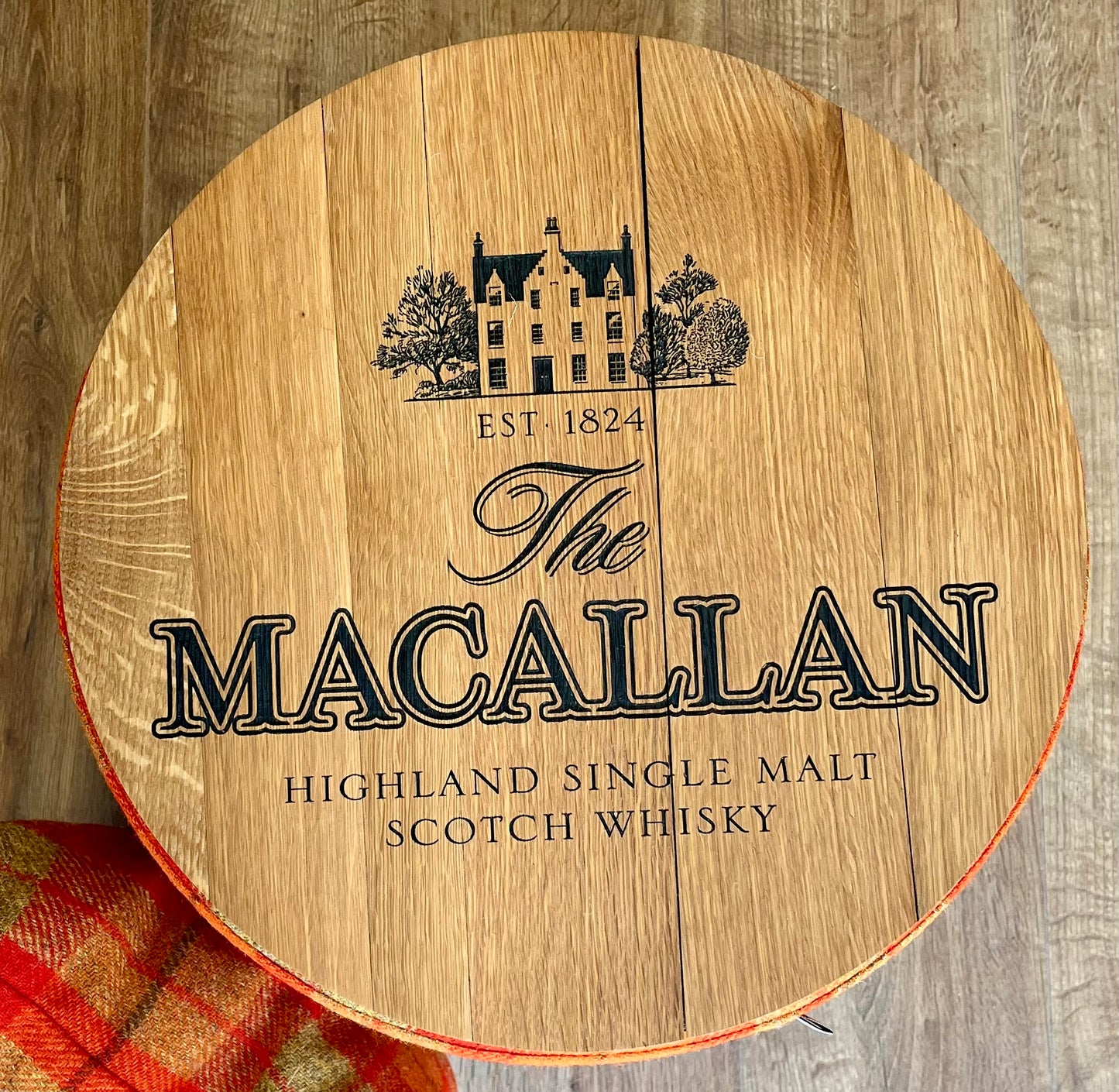 Macallan Oak Whisky Barrel Top Harris Tweed 'Wee Dram' Table Footstool