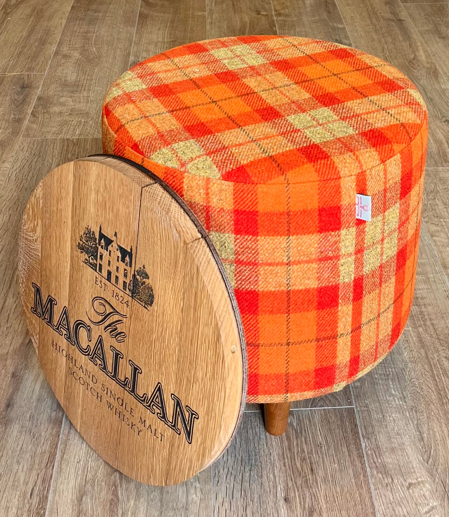 Macallan Oak Whisky Barrel Top Harris Tweed 'Wee Dram' Table Footstool
