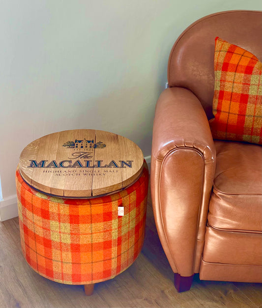 Macallan Oak Whisky Barrel Top Harris Tweed 'Wee Dram' Table Footstool