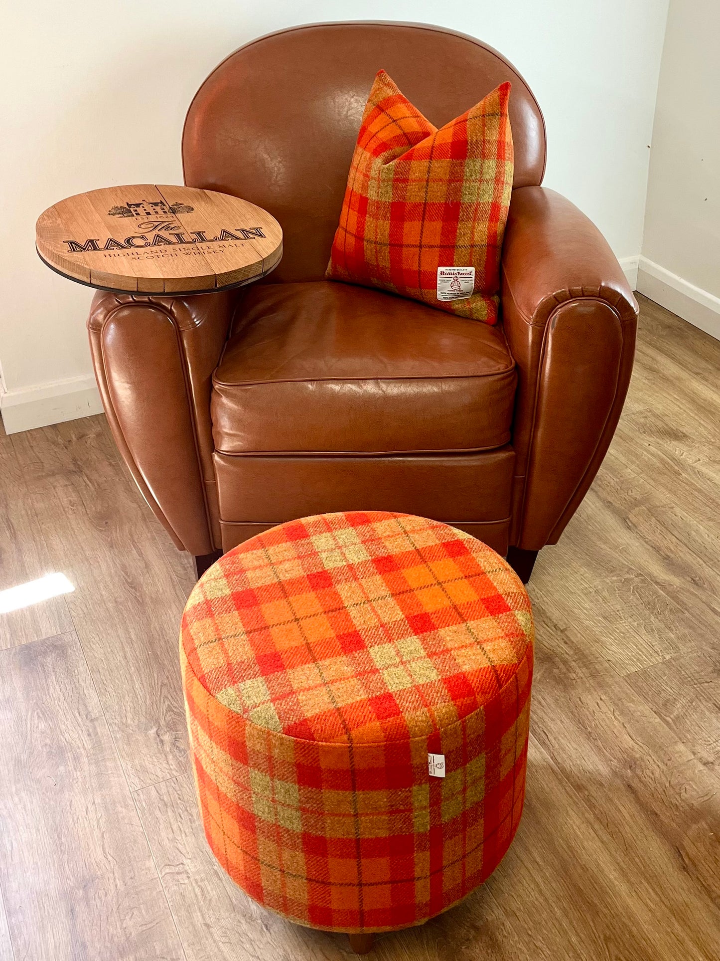 Macallan Oak Whisky Barrel Top Harris Tweed 'Wee Dram' Table Footstool