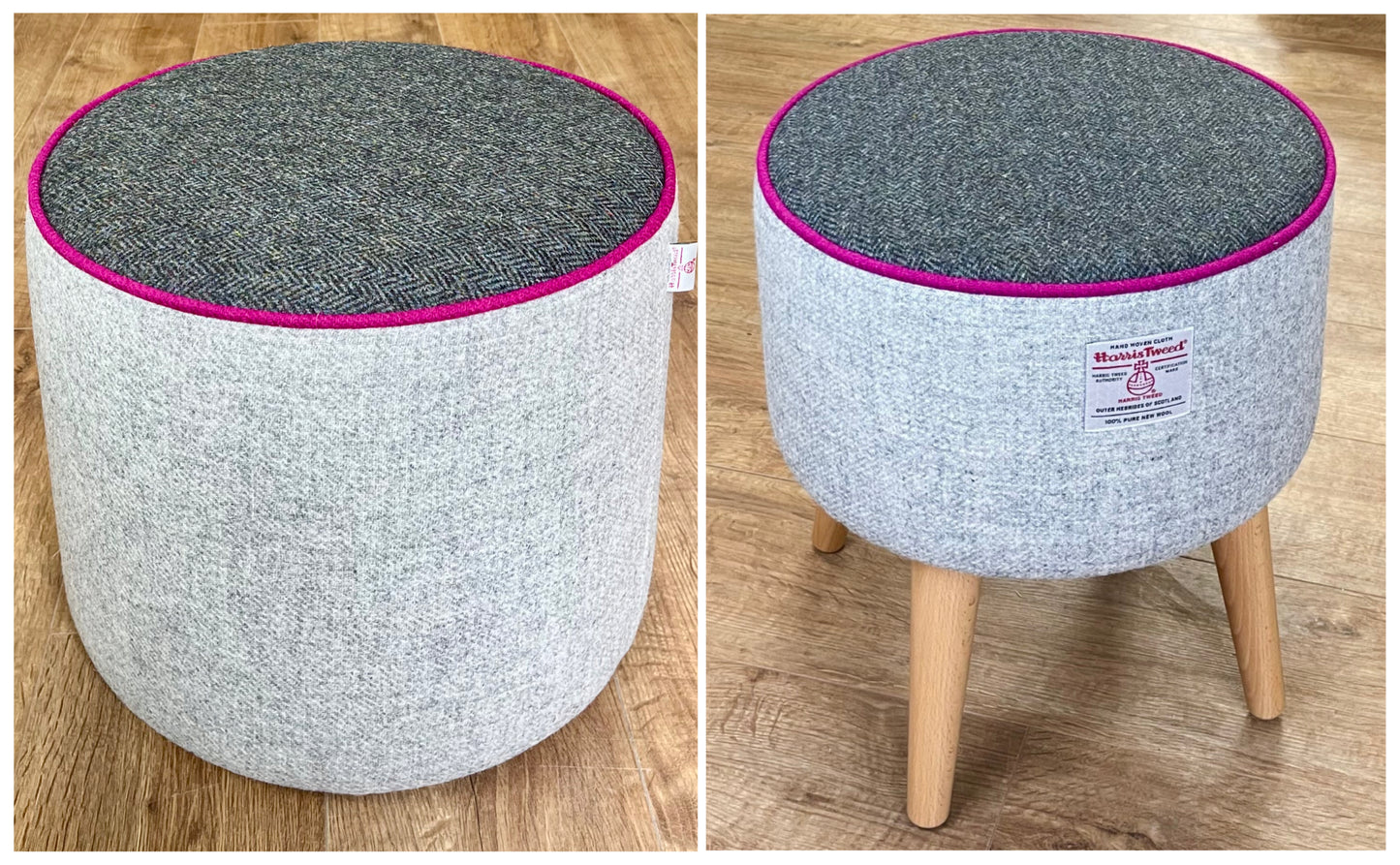 Grey Harris Tweed Chunky Floating Footstool with Fuchsia Piping Detail