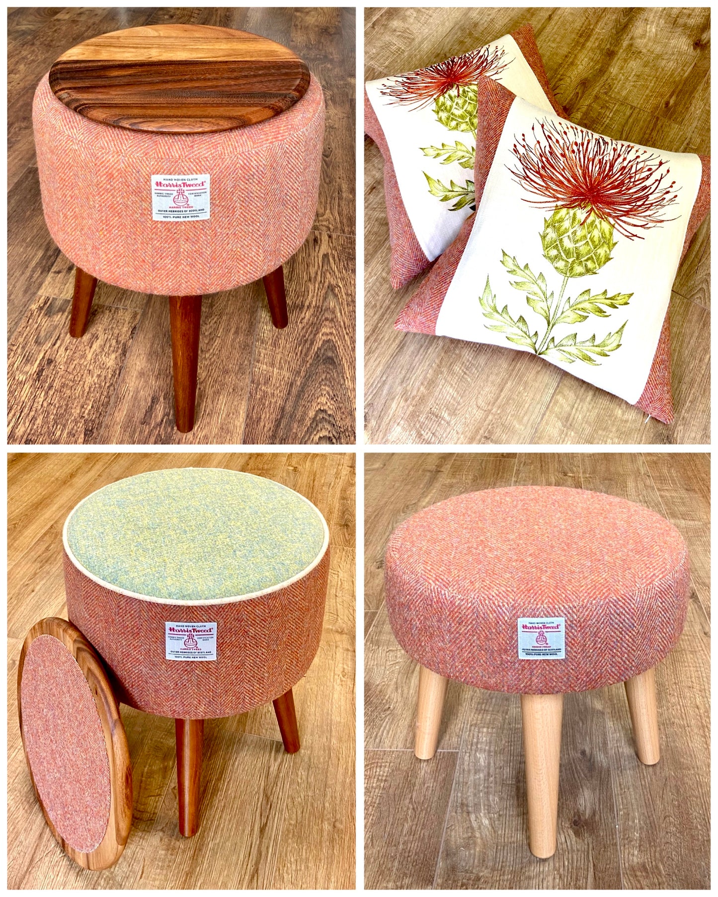 Burnt Orange Harris Tweed Footstool with Varnished Wooden Legs