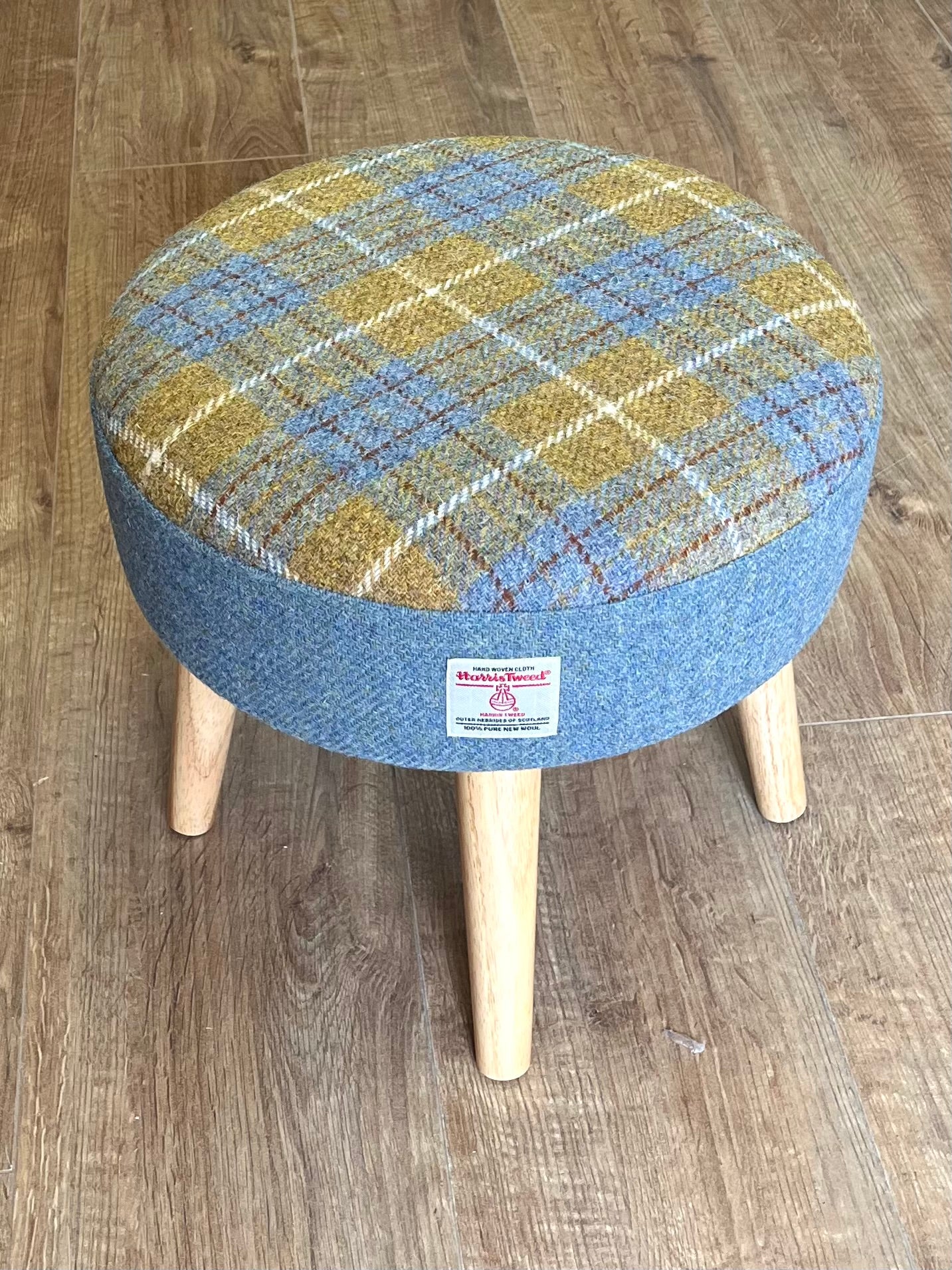Sky Blue and Mustard Tartan Harris Tweed Footstool with Varnished Light Wooden Legs