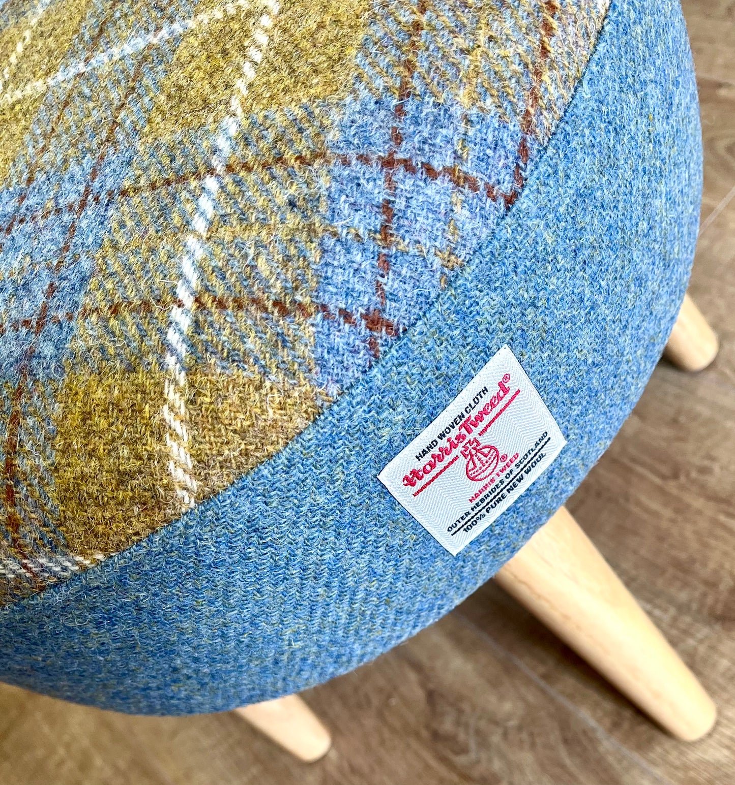 Sky Blue and Mustard Tartan Harris Tweed Footstool with Varnished Light Wooden Legs