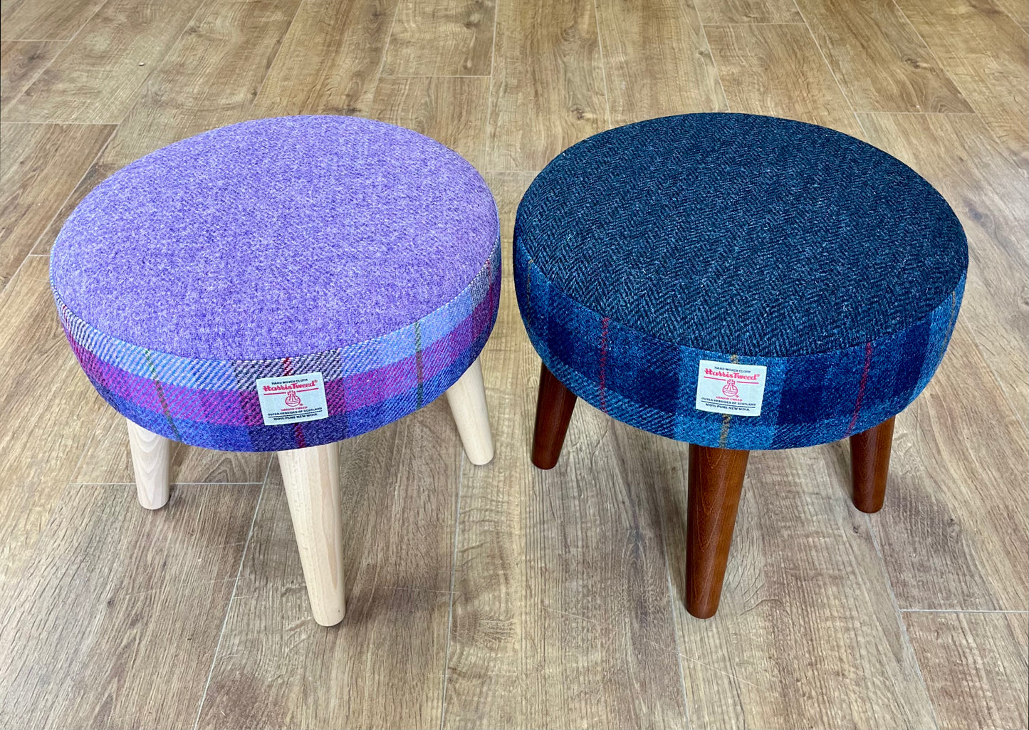 Lilac Tartan Harris Tweed Footstool with Varnished Wooden Legs