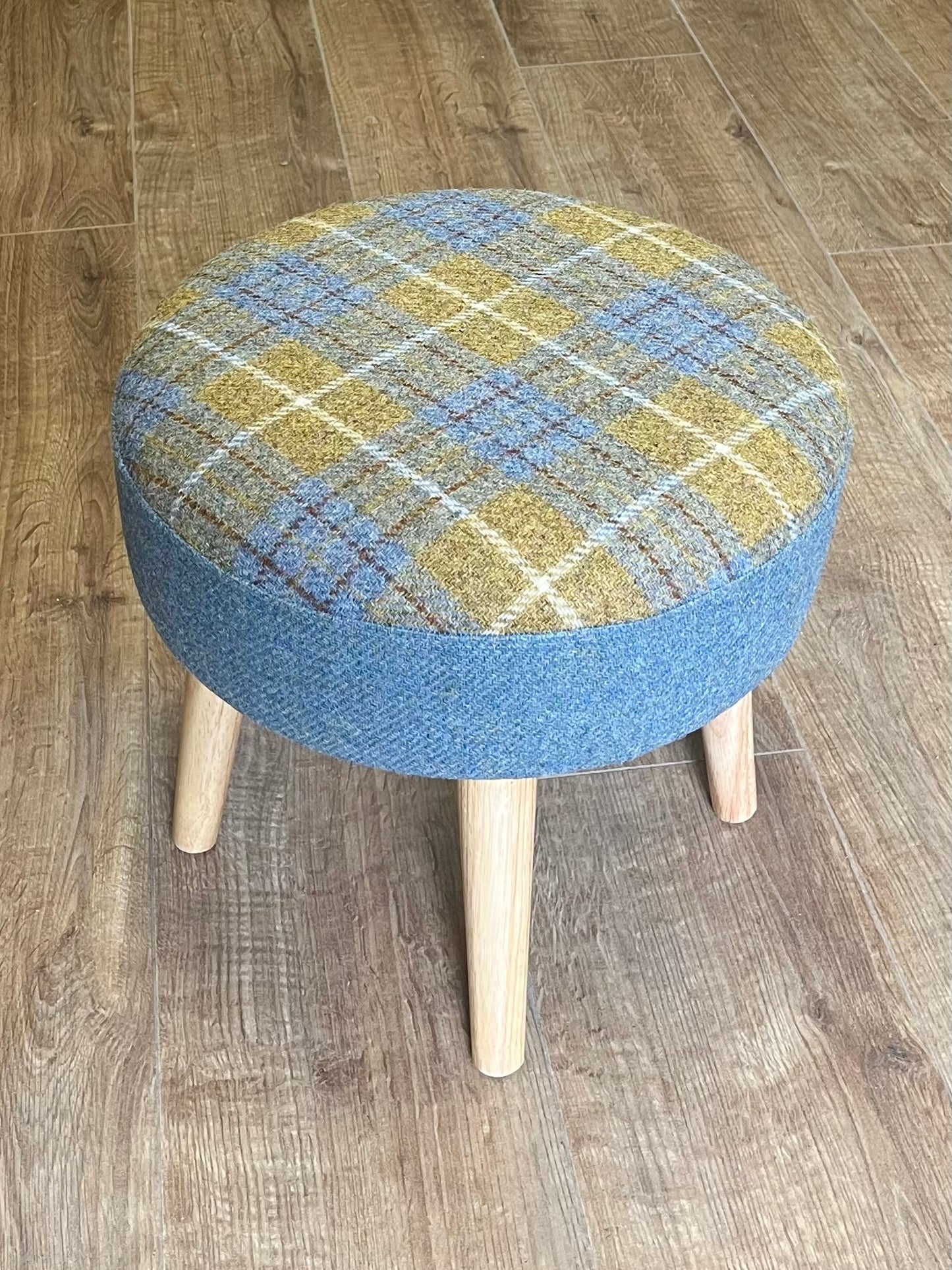 Sky Blue and Mustard Tartan Harris Tweed Footstool with Varnished Light Wooden Legs