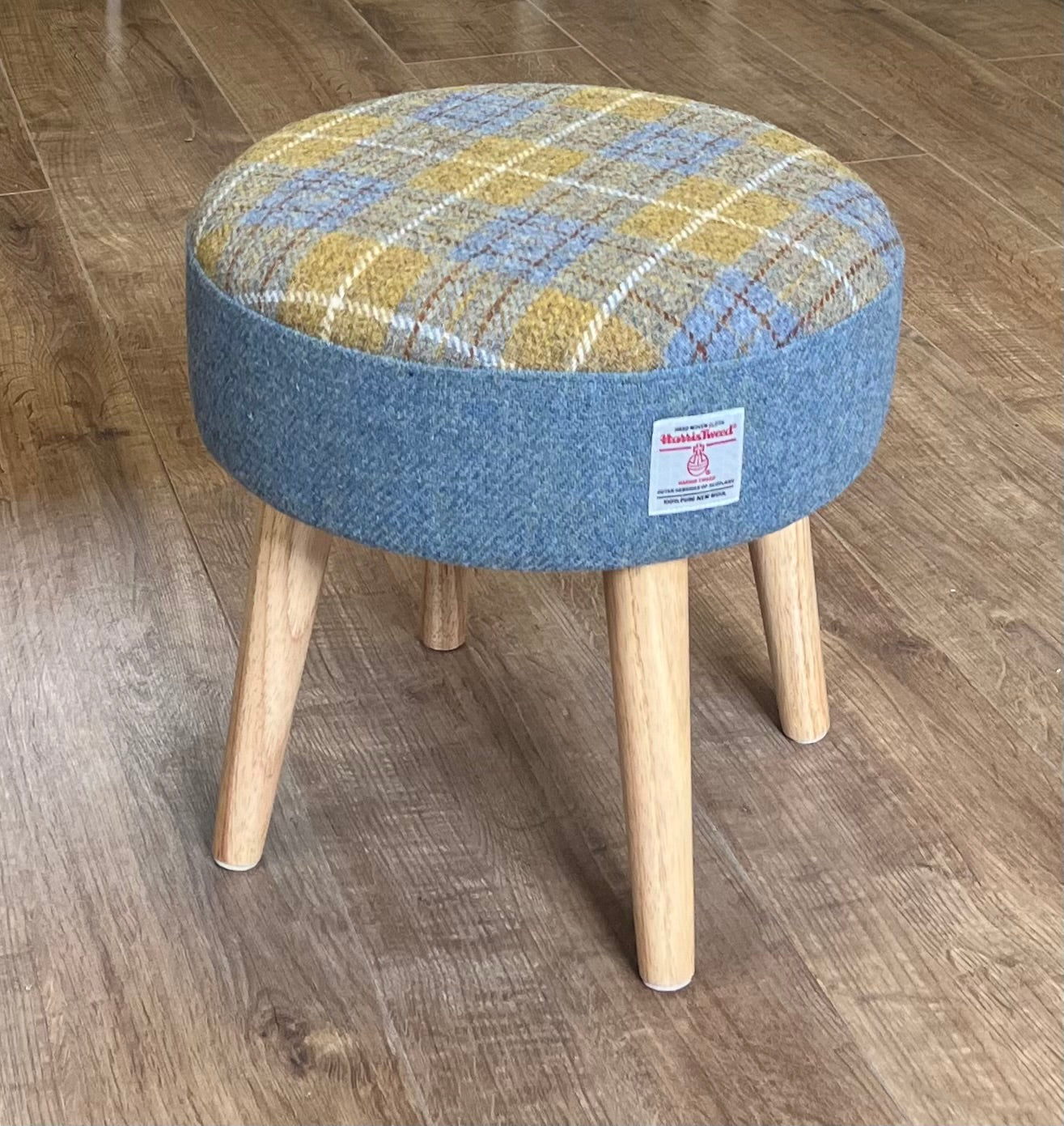 Sky Blue and Mustard Tartan Harris Tweed Footstool with Varnished Light Wooden Legs