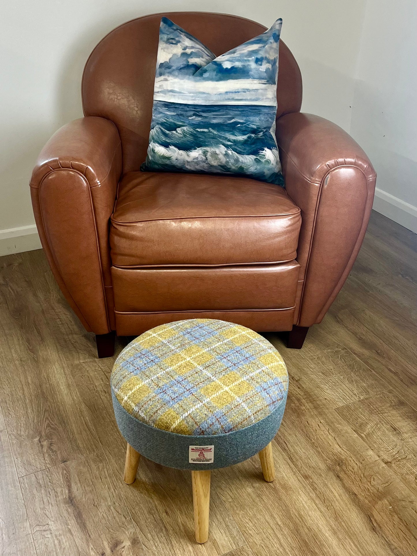 Sky Blue and Mustard Tartan Harris Tweed Footstool with Varnished Light Wooden Legs