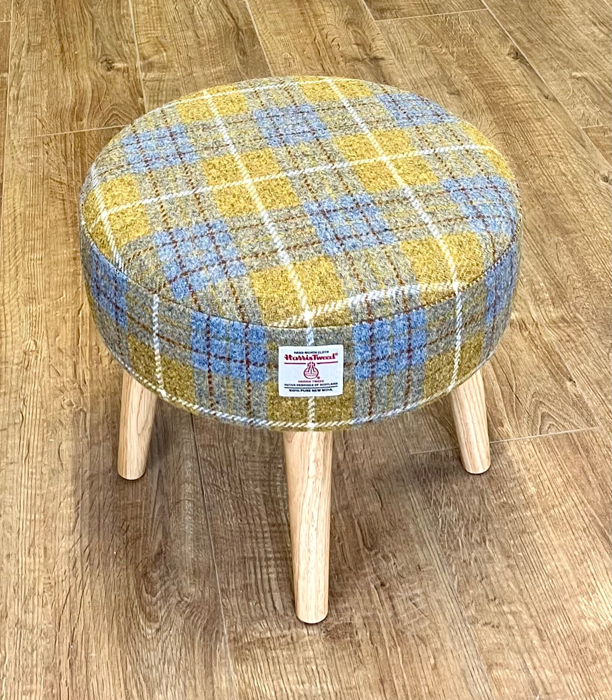Mustard Tartan Harris Tweed Footstool with Varnished Light Wooden Legs