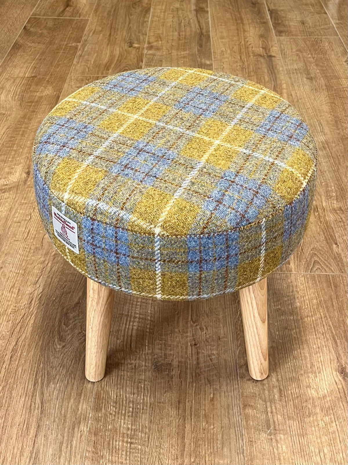 Mustard Tartan Harris Tweed Footstool with Varnished Light Wooden Legs
