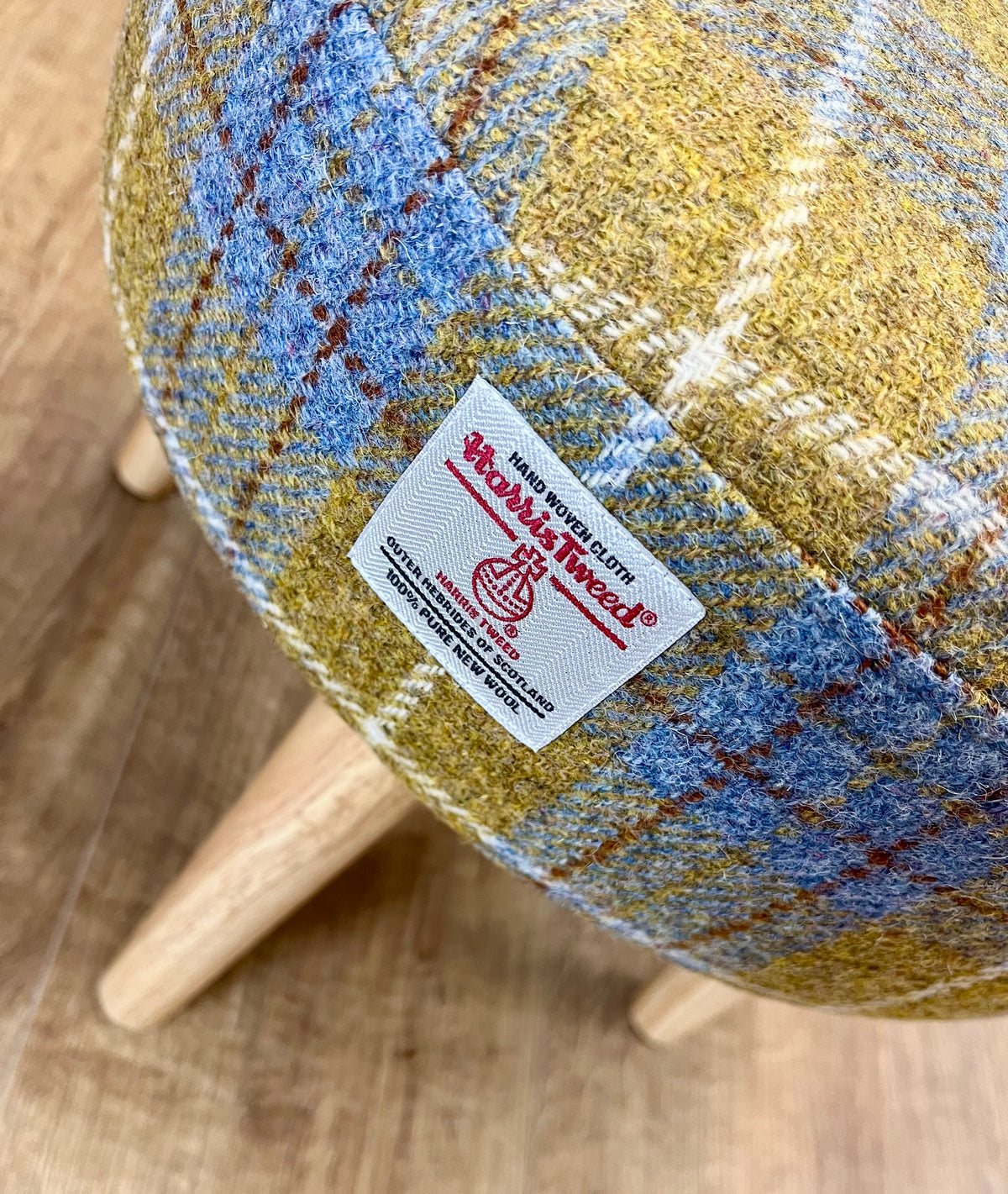 Mustard Tartan Harris Tweed Footstool with Varnished Light Wooden Legs