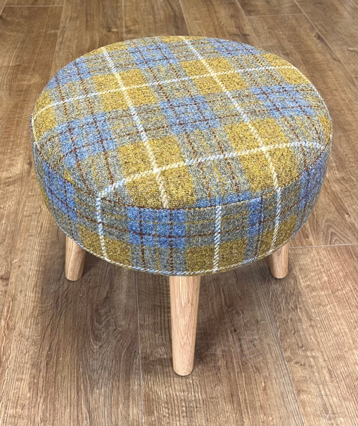 Mustard Tartan Harris Tweed Footstool with Varnished Light Wooden Legs