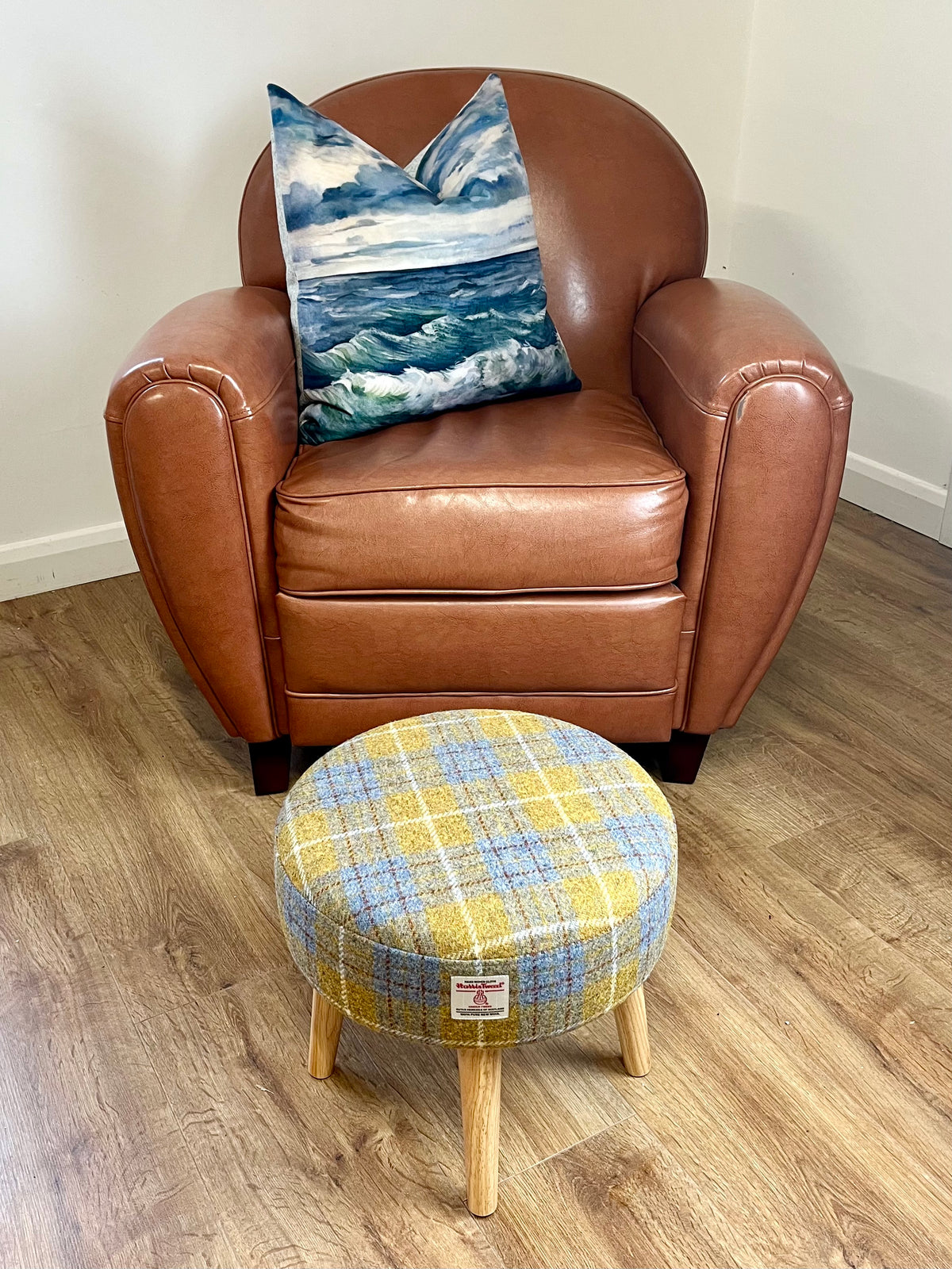 Mustard Tartan Harris Tweed Footstool with Varnished Light Wooden Legs