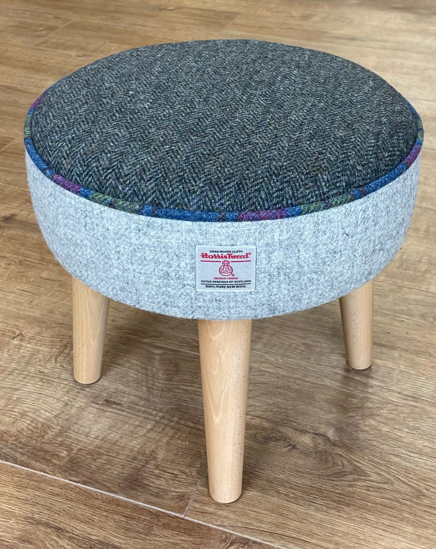 Grey and Charcoal Harris Tweed Footstool with Tartan Piping