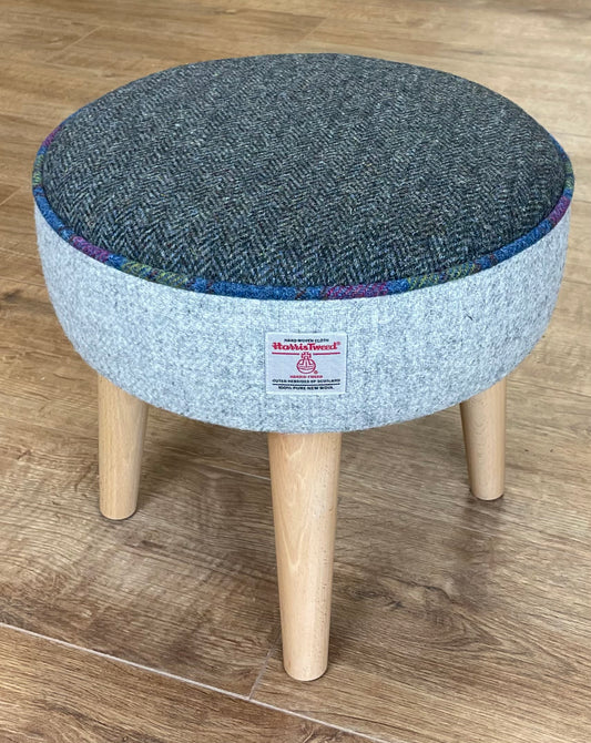 Grey and Charcoal Harris Tweed Footstool with Tartan Piping