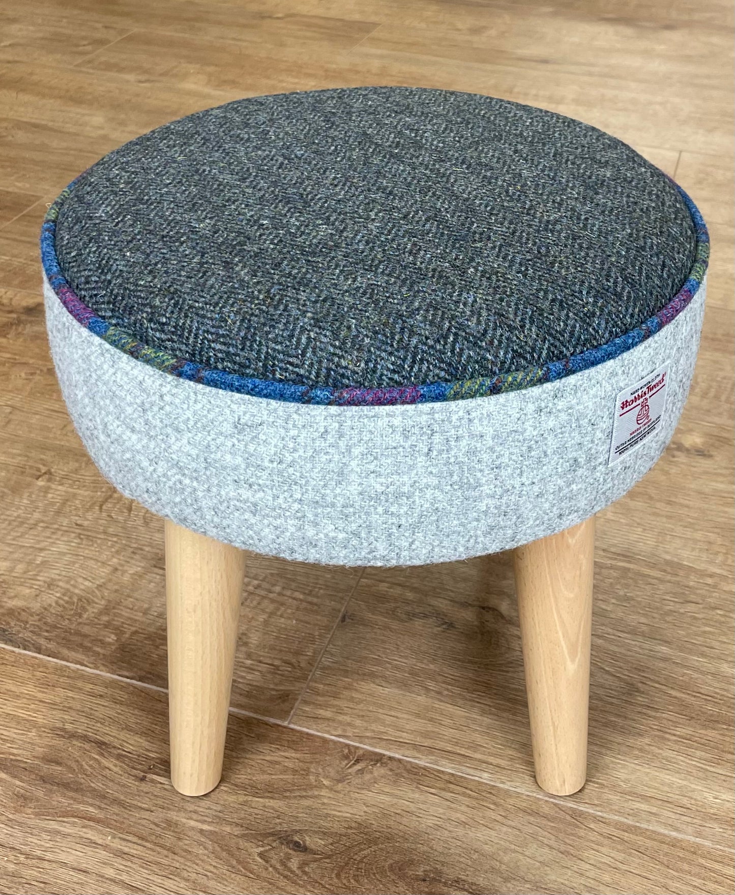 Grey and Charcoal Harris Tweed Footstool with Tartan Piping