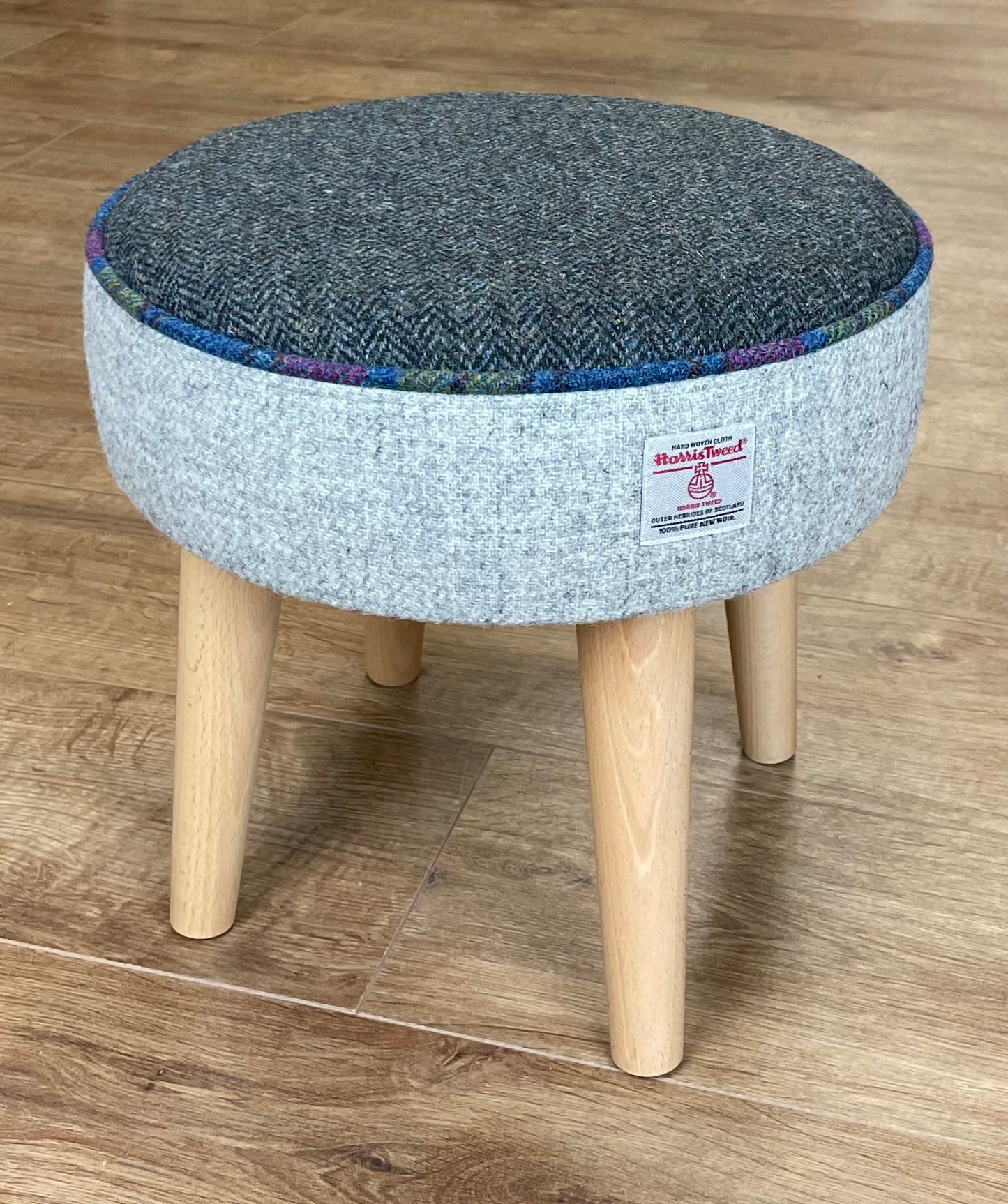 Grey and Charcoal Harris Tweed Footstool with Tartan Piping