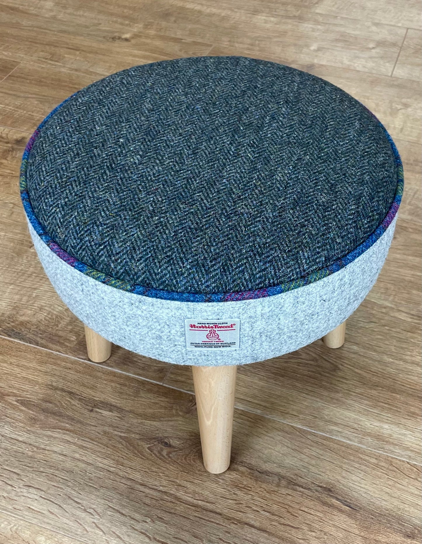 Grey and Charcoal Harris Tweed Footstool with Tartan Piping