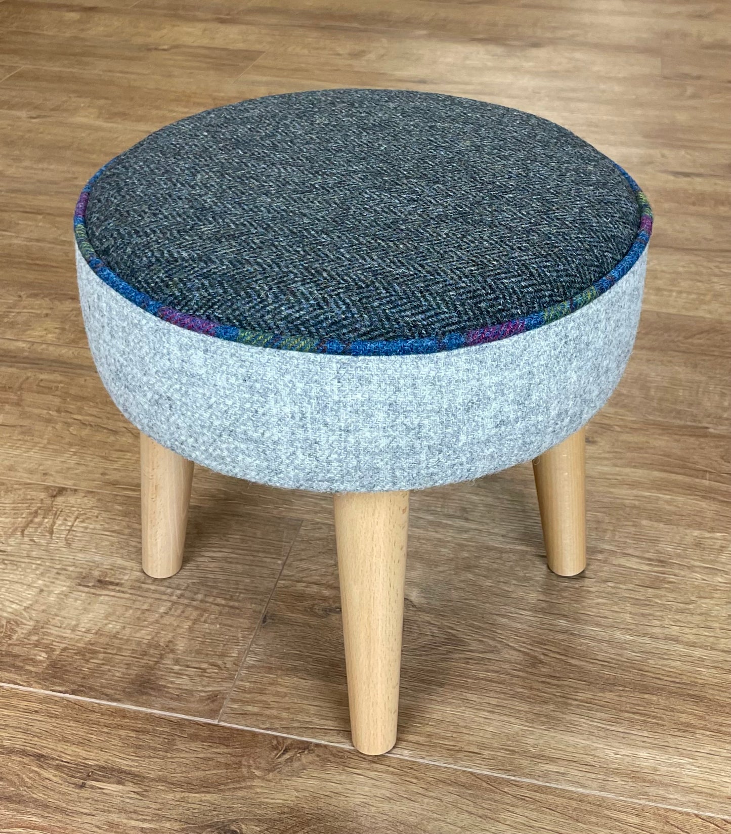 Grey and Charcoal Harris Tweed Footstool with Tartan Piping