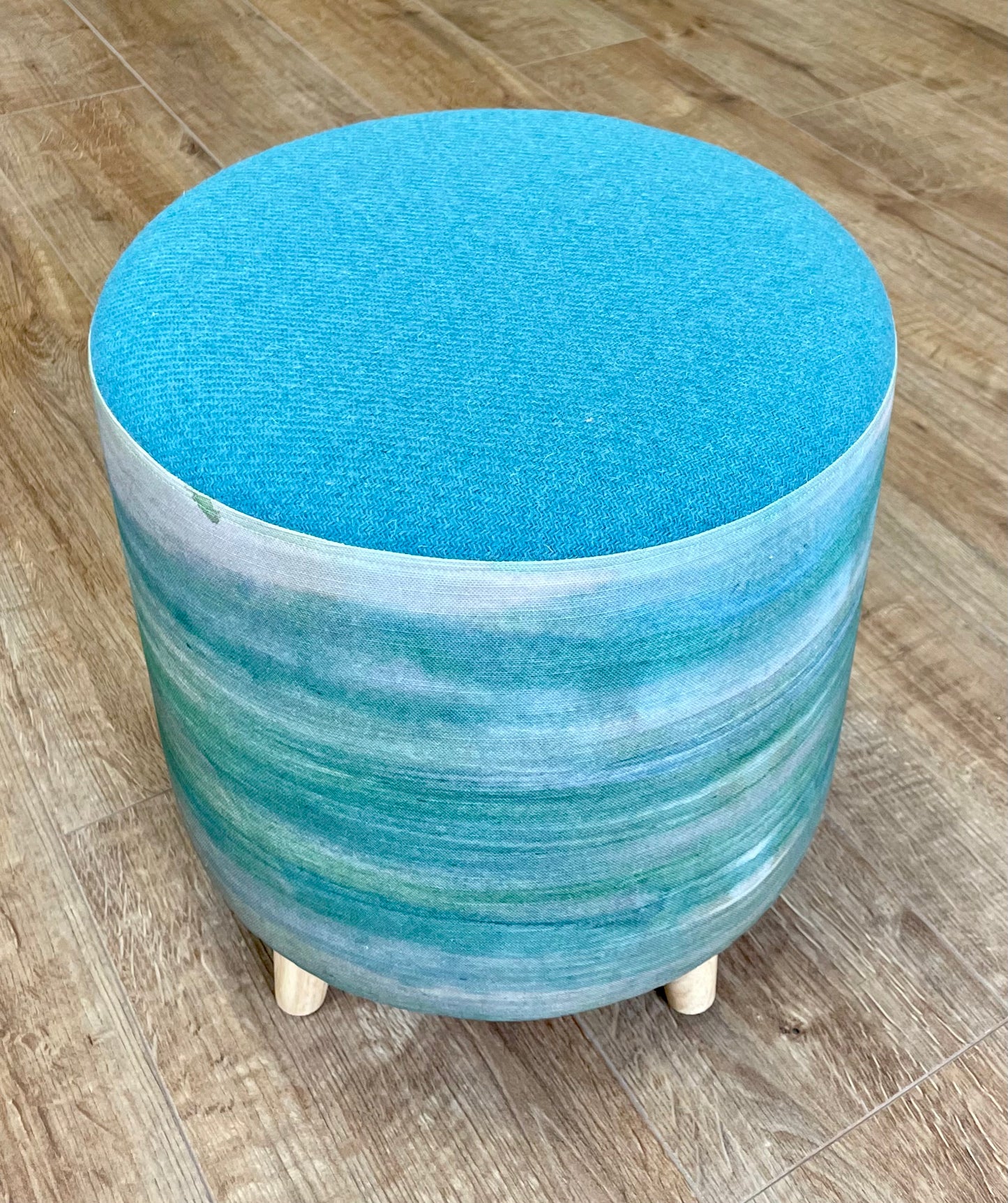 Emerald Sea Linen Footstool with Turquoise Harris Tweed