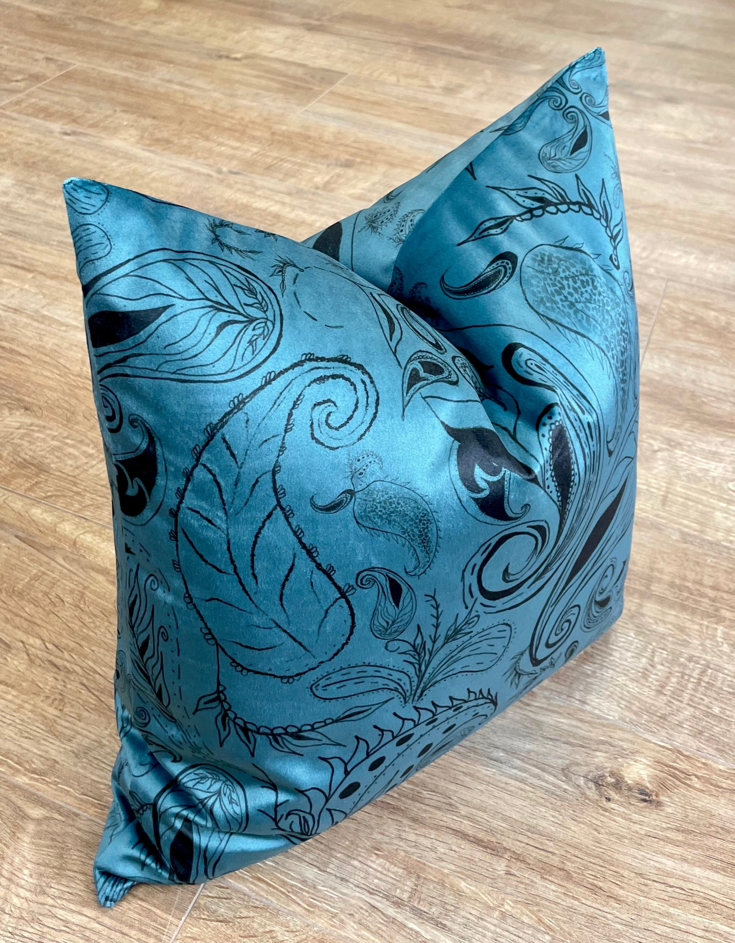 Blue Paisley Print Velvet Cushion 18”