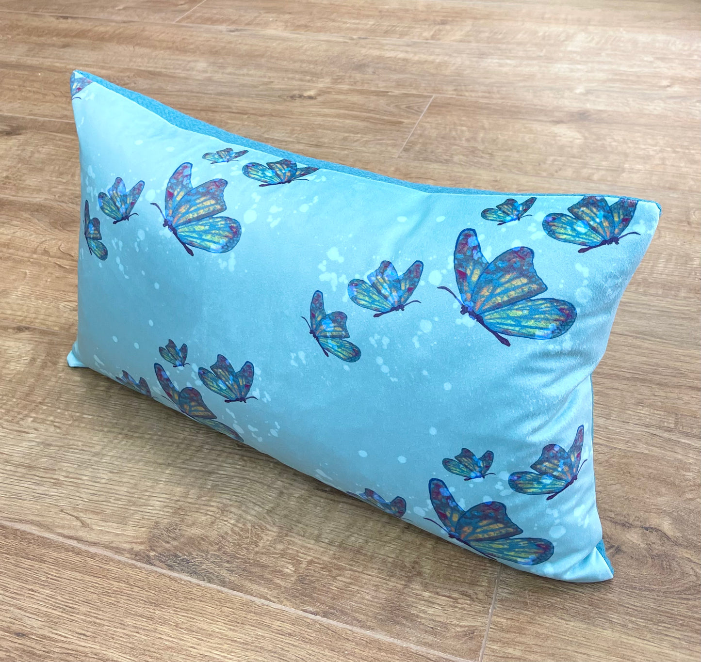 Butterflies in Rain Velvet and Turquoise Harris Tweed Oblong Cushion
