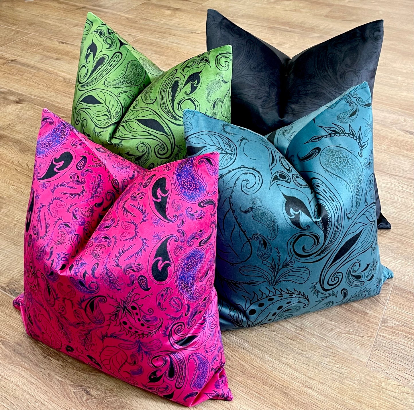 Blue Paisley Print Velvet Cushion 18”