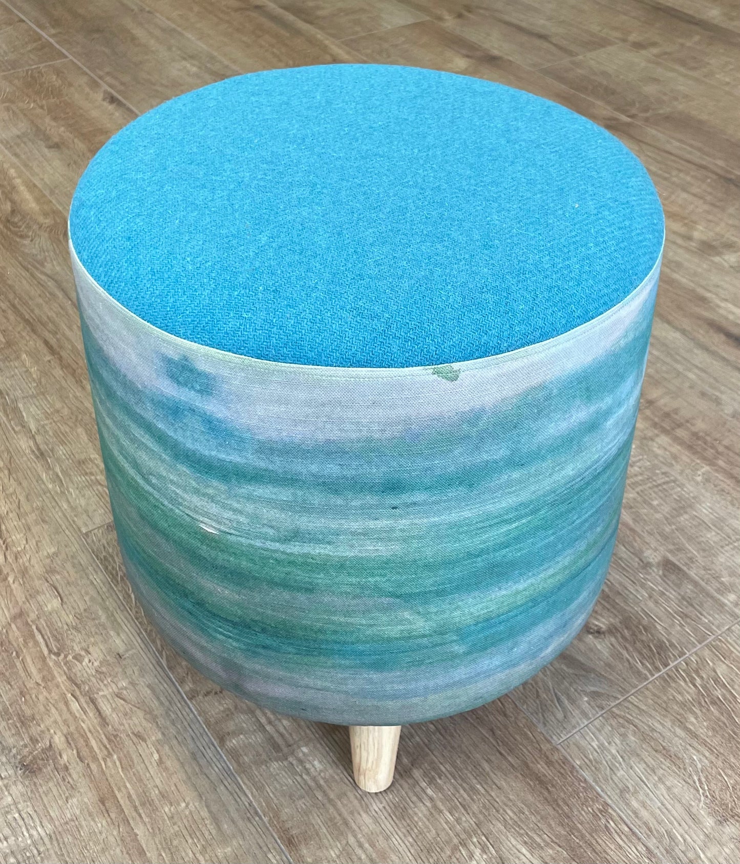 Emerald Sea Linen Footstool with Turquoise Harris Tweed