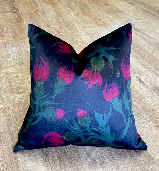 Butterfly Thistles on Black Velvet and Red Harris Tweed Cushion 18”