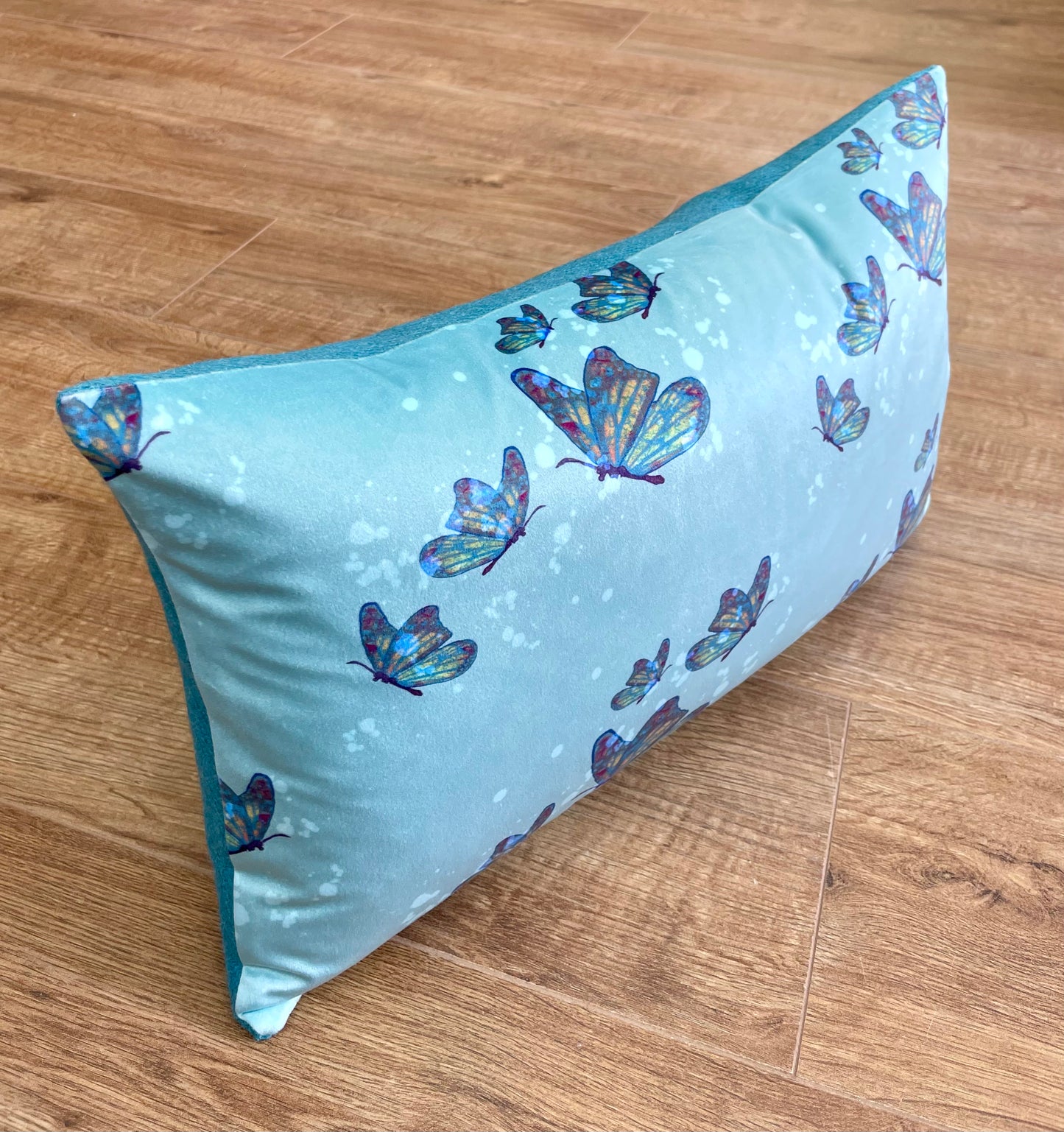 Butterflies in Rain Velvet and Turquoise Harris Tweed Oblong Cushion