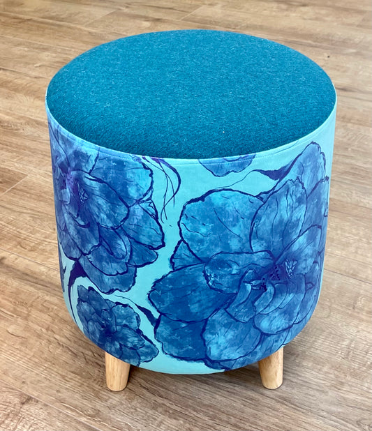 Blue Camellia on Turquoise Velvet Footstool with Teal Harris Tweed