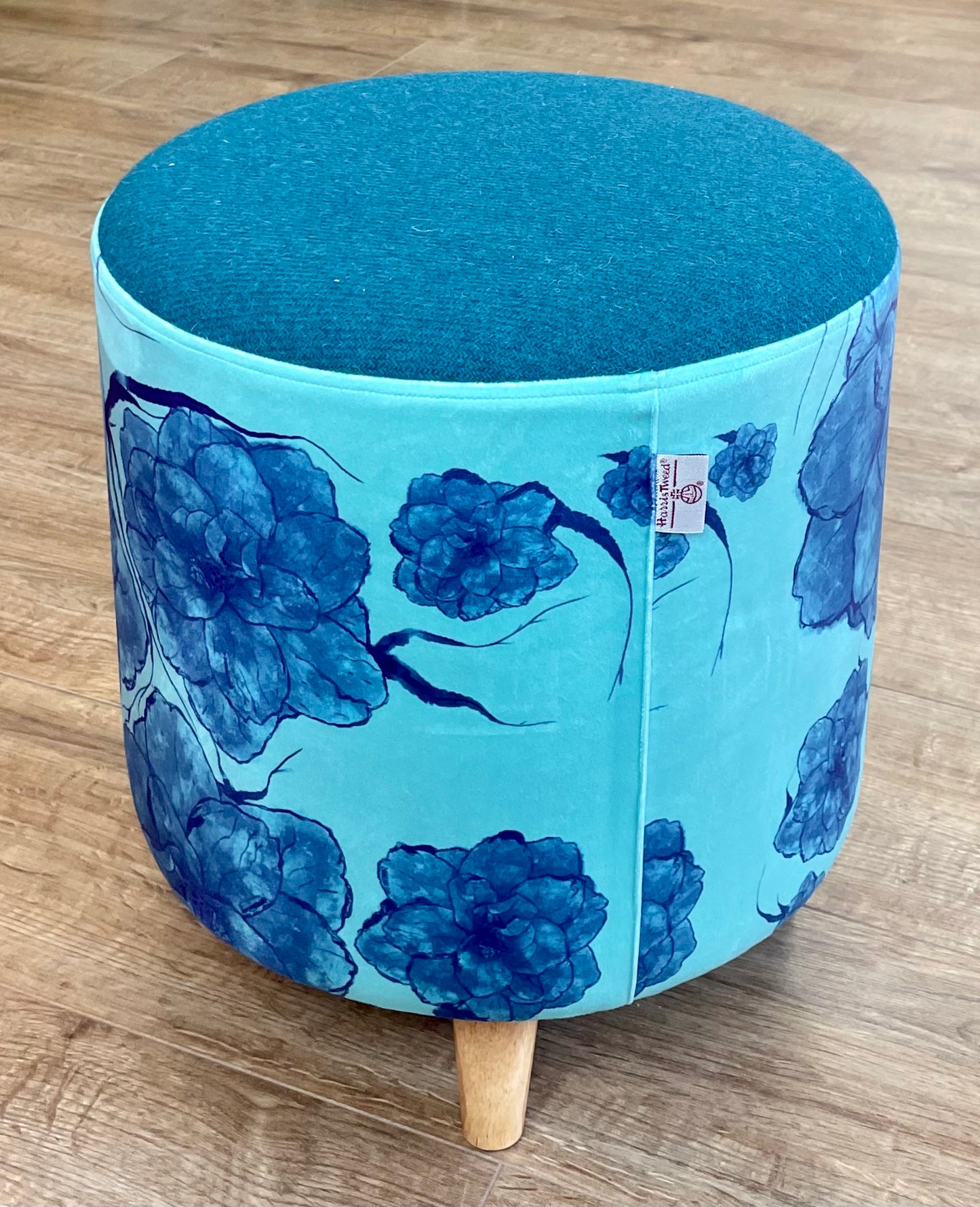 Blue Camellia on Turquoise Velvet Footstool with Teal Harris Tweed