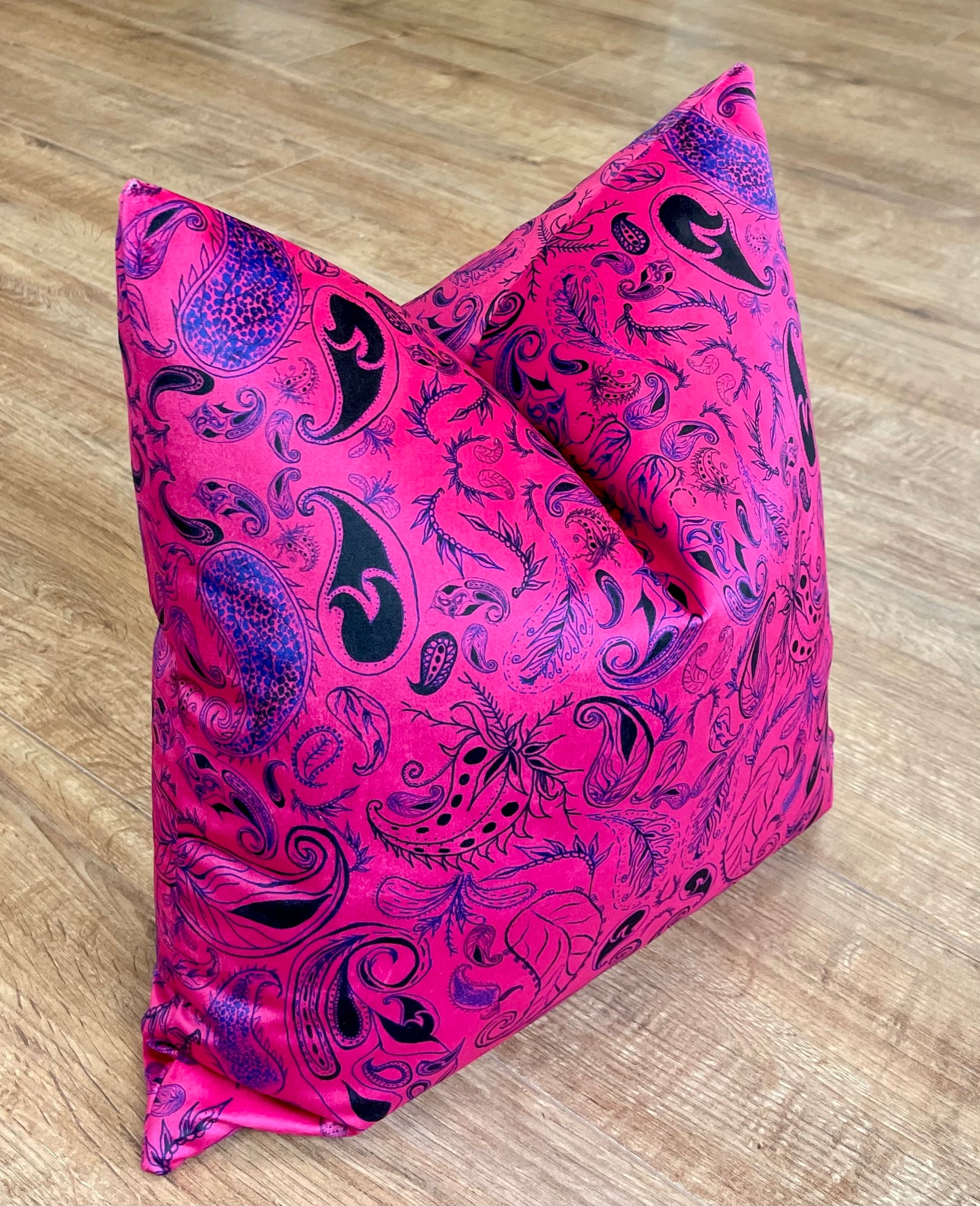 Neon Pink Paisley Print Velvet Cushion 18”