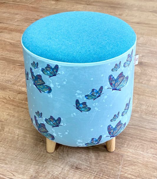 Butterflies in Rain Velvet Footstool with Turquoise Harris Tweed