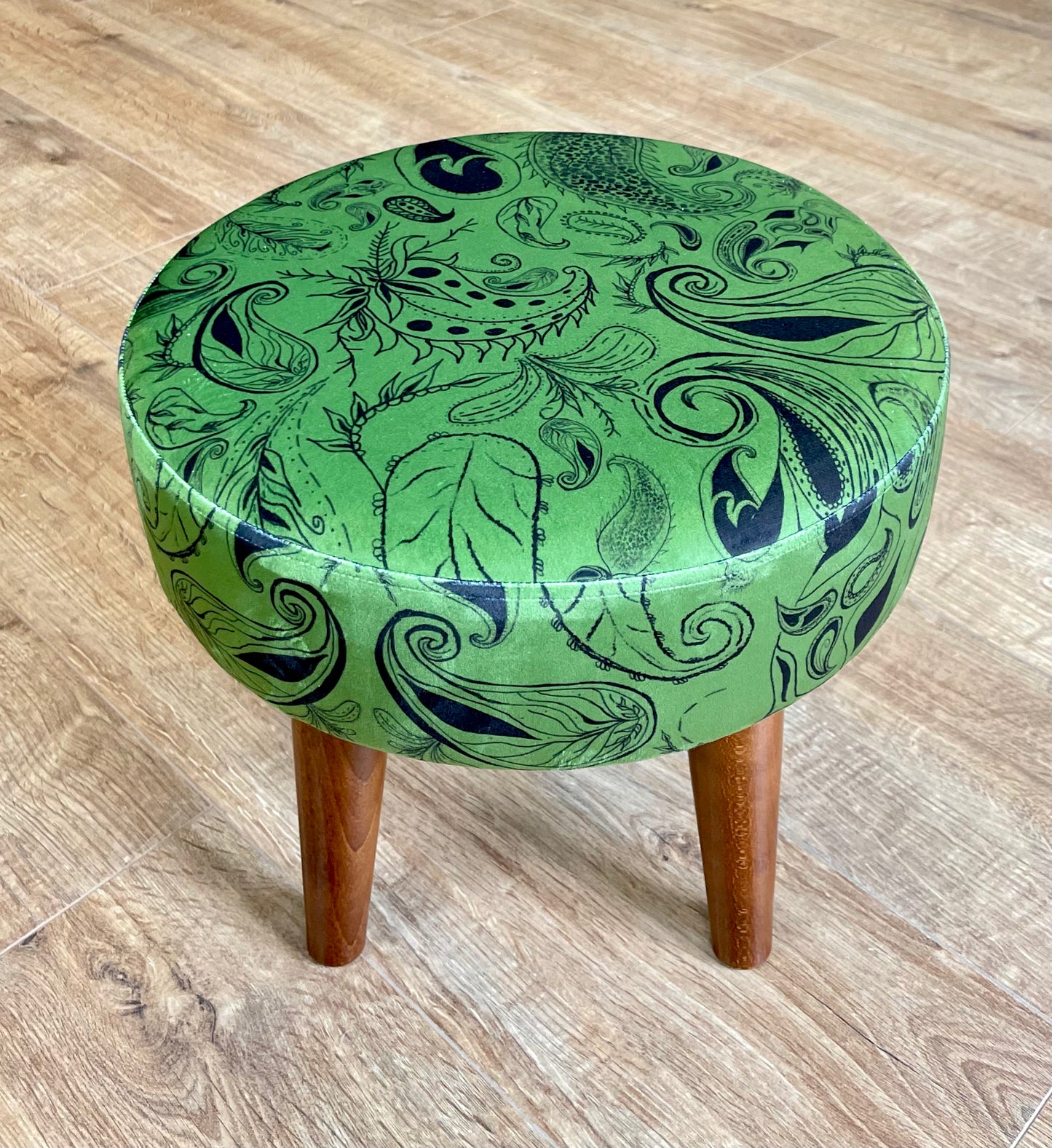 Moss Green Paisley Print Velvet Small Footstool with Dark Wooden Legs