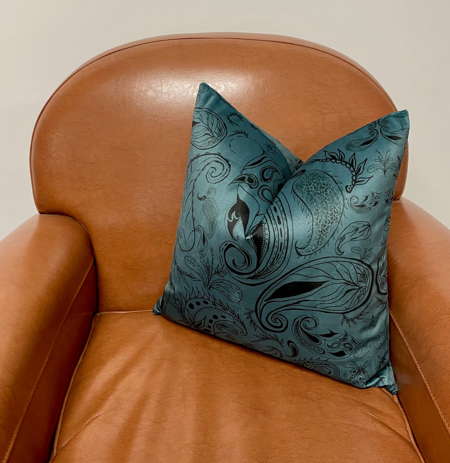 Blue Paisley Print Velvet Cushion 18”