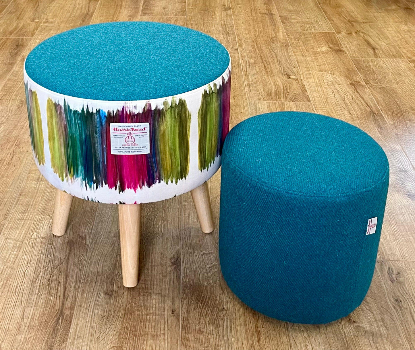 Small Teal Harris Tweed Footstool with Varnished Wooden Legs