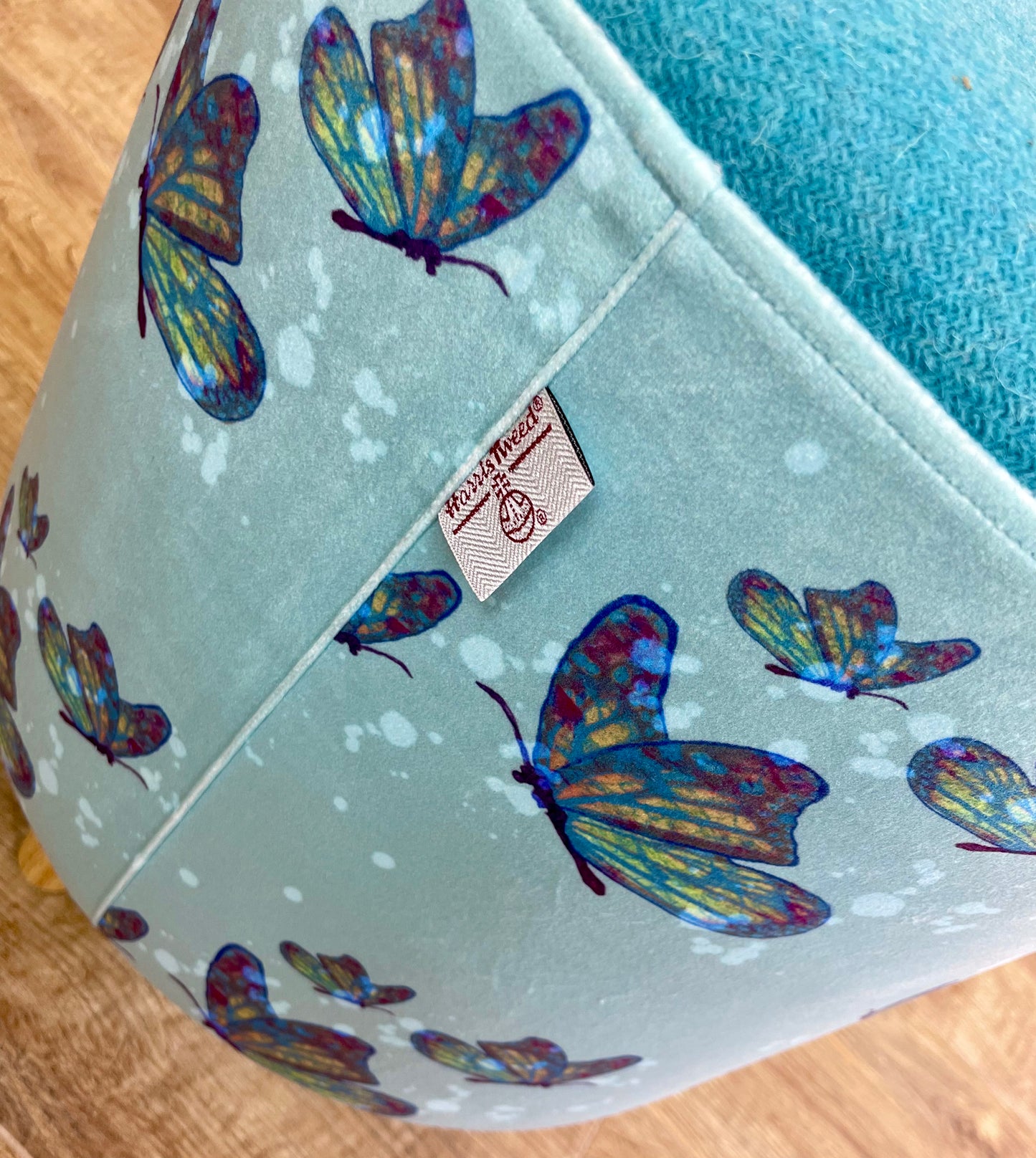 Butterflies in Rain Velvet Footstool with Turquoise Harris Tweed