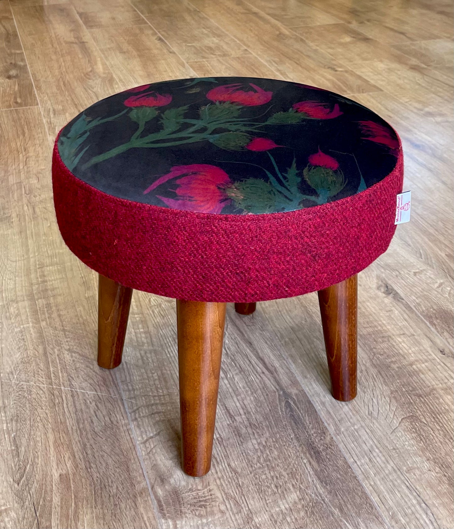 Butterfly Thistles on Black Velvet and Red Harris Tweed Small Footstool