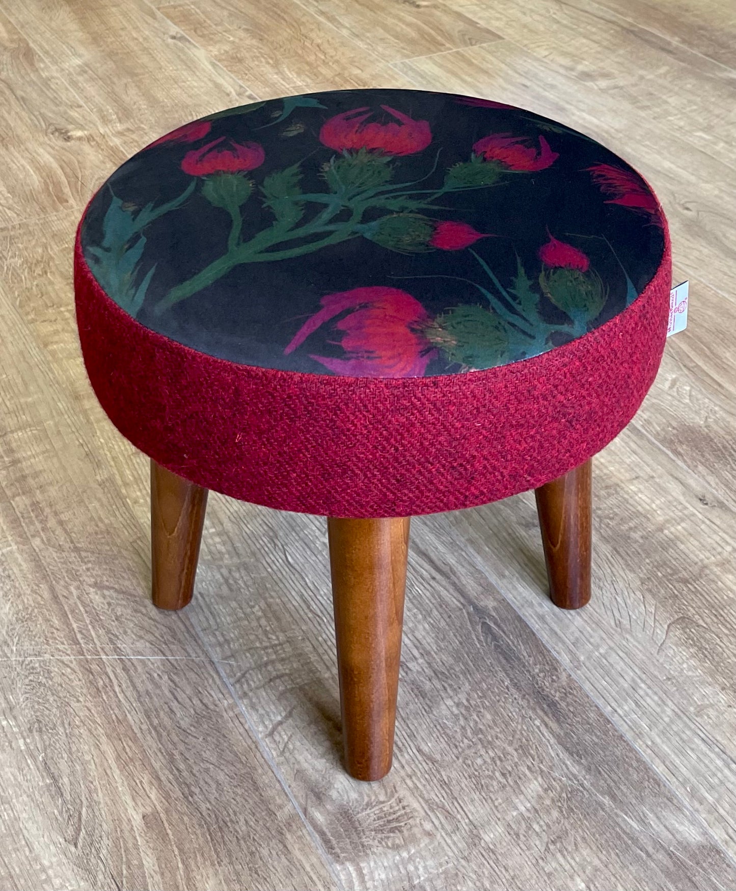 Butterfly Thistles on Black Velvet and Red Harris Tweed Small Footstool