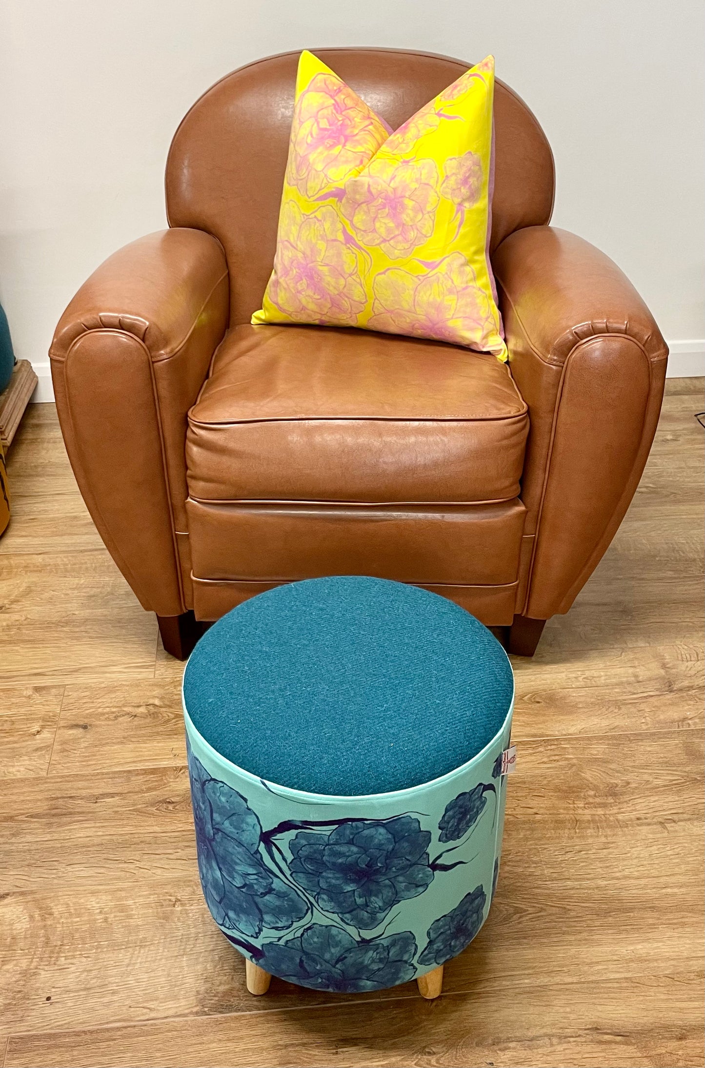 Blue Camellia on Turquoise Velvet Footstool with Teal Harris Tweed