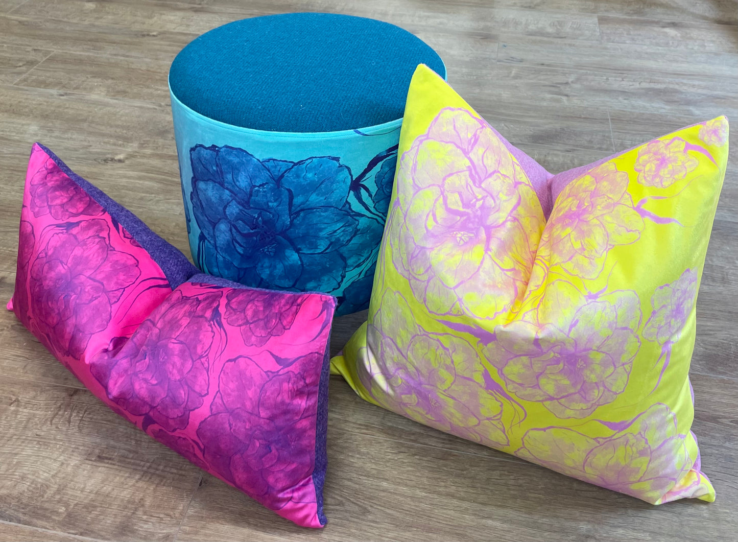 Blue Camellia on Turquoise Velvet Footstool with Teal Harris Tweed