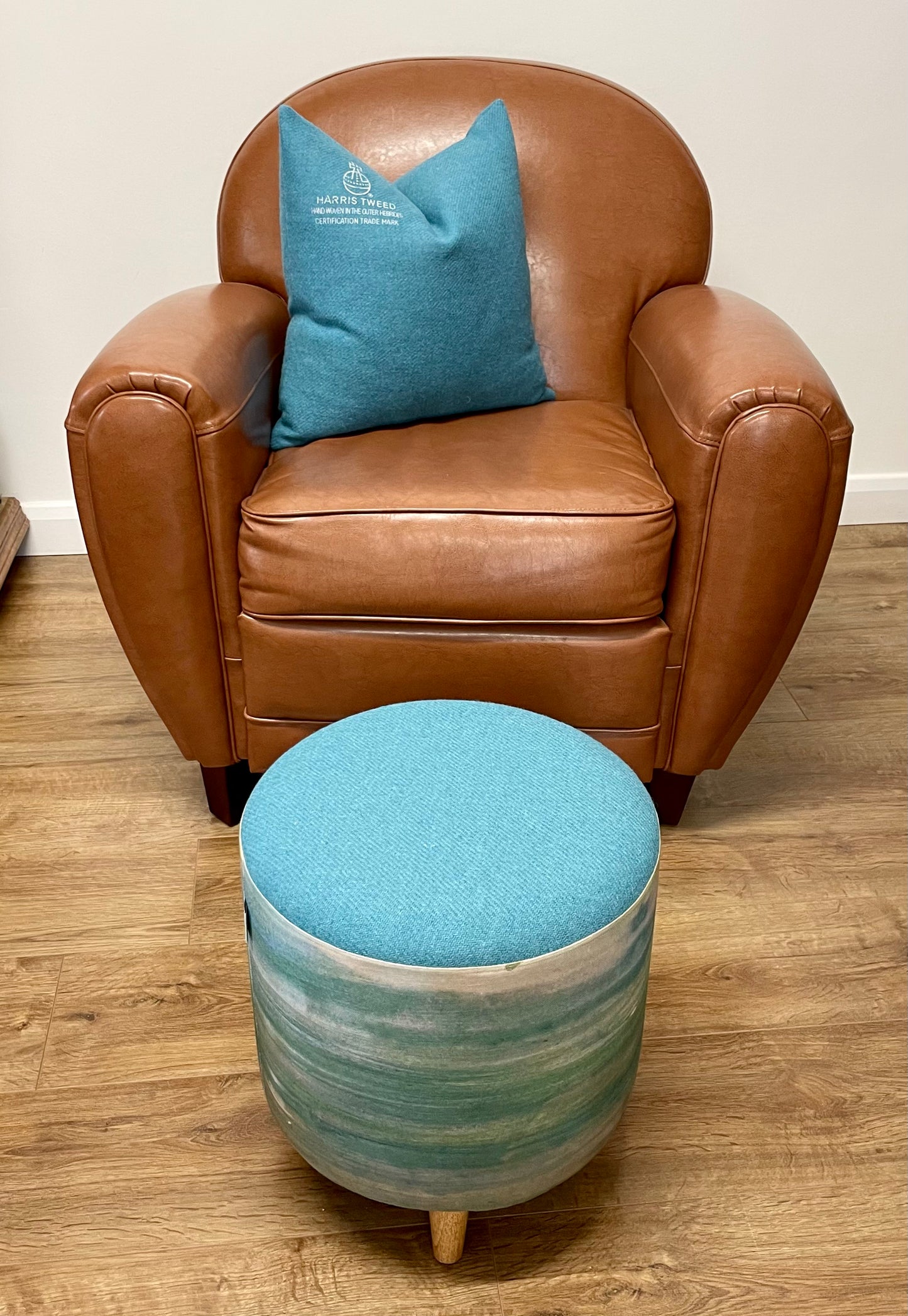 Emerald Sea Linen Footstool with Turquoise Harris Tweed